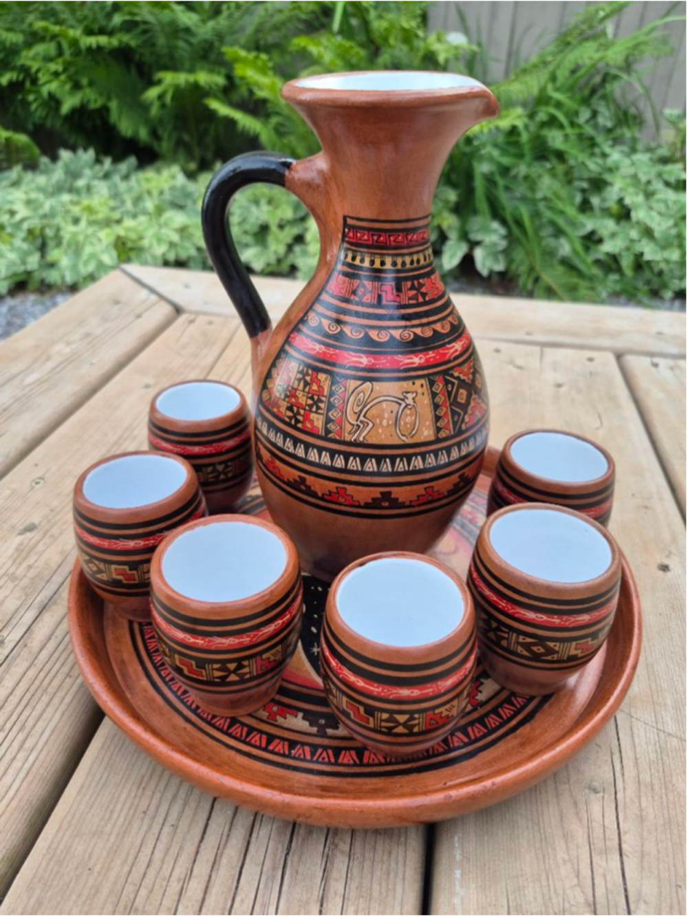 Vintage Handmade Peruvian Pottery 8-Piece Decanter & Drinkware Set with Tray